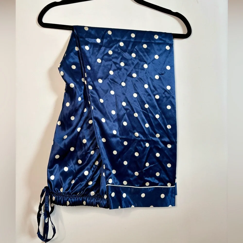 Lonxu Silk Satin Pajama Set Button Down Sleepwear Blue Polka Dot Size M NWT - Picture 4 of 4